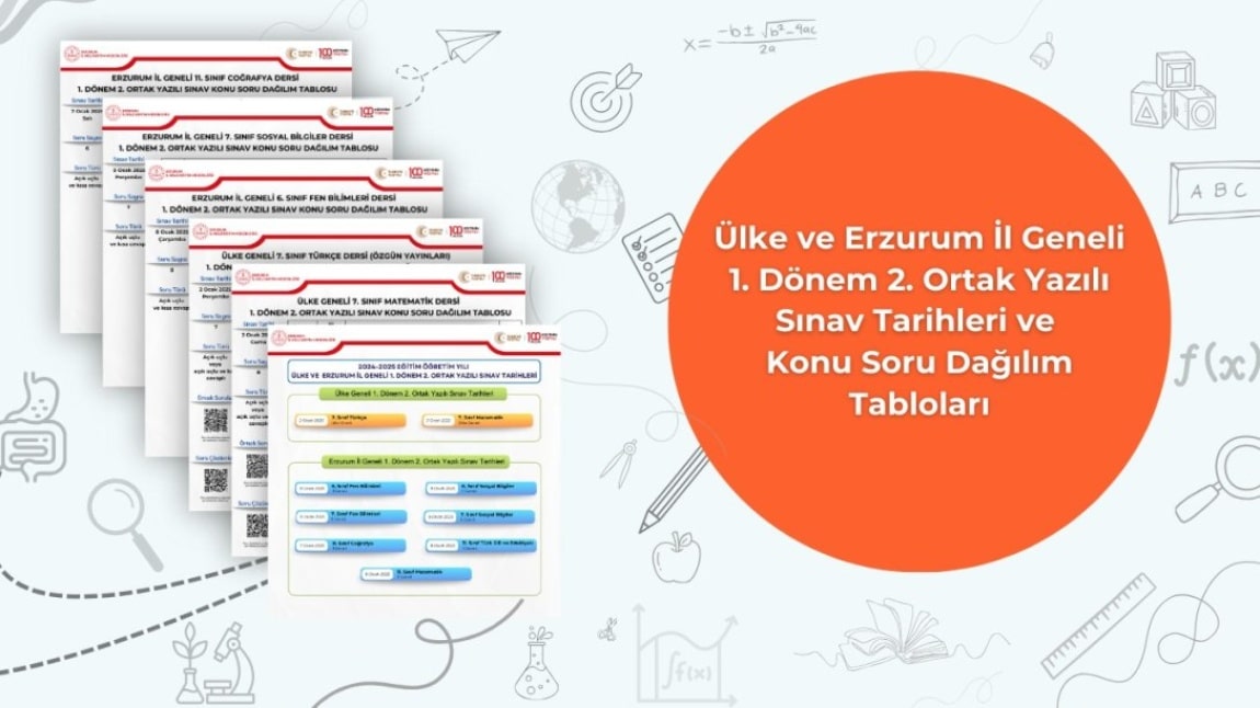 2024-2025 Eğitim Öğretim Yılı Ülke ve Erzurum İl Geneli 1. Dönem 2. Ortak Yazılı Sınav Tarihleri ve Konu Soru Dağılım Tabloları